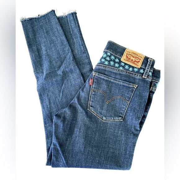 Levi's 311 Shaping Skinny Raw Hem SZ 28 Dark Wash Hand Embroidered Daisy Stretch - Picture 3 of 6